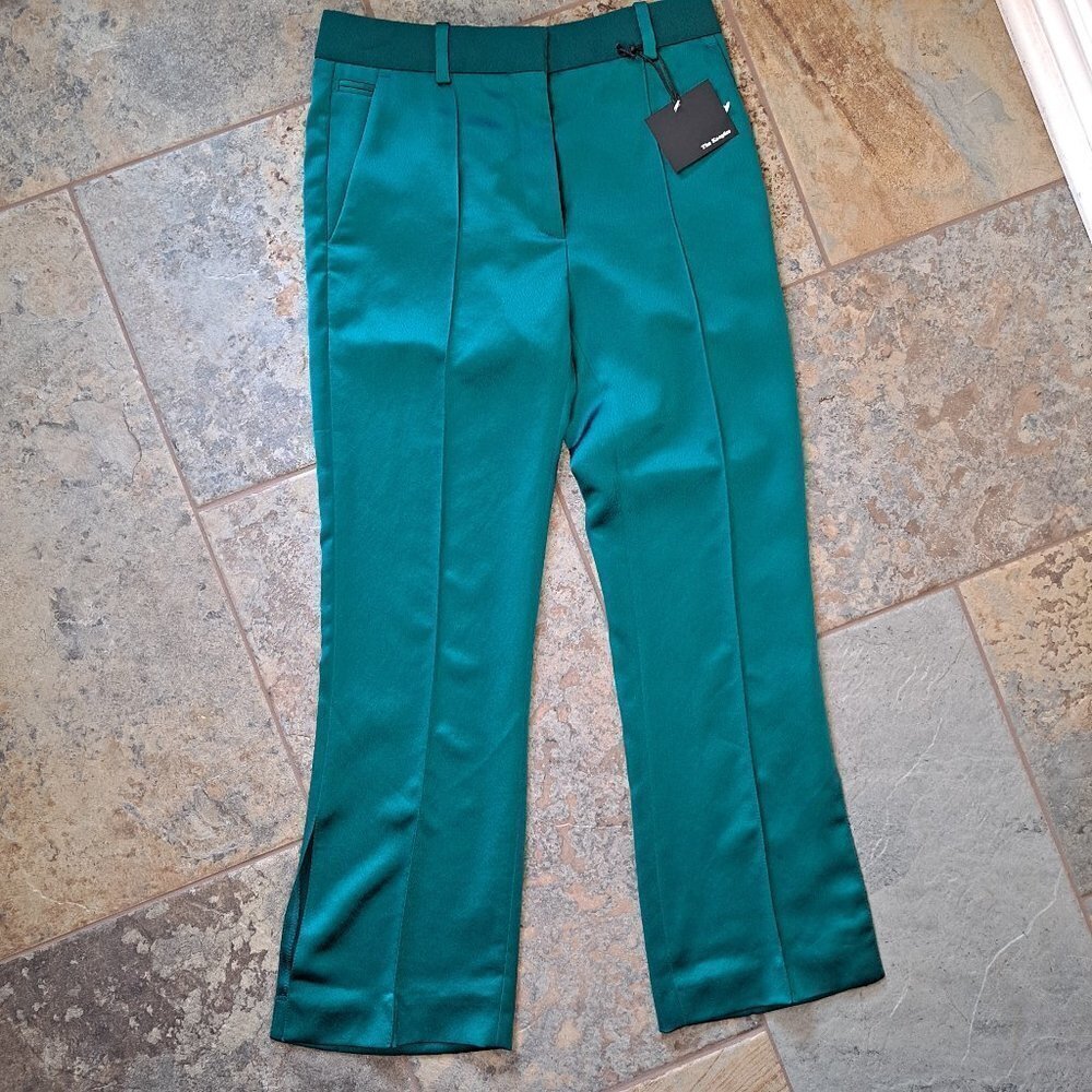 The Kooples Size Xs Emerald Satin Cropped Pants Straight Leg Front Pockets Nwt
